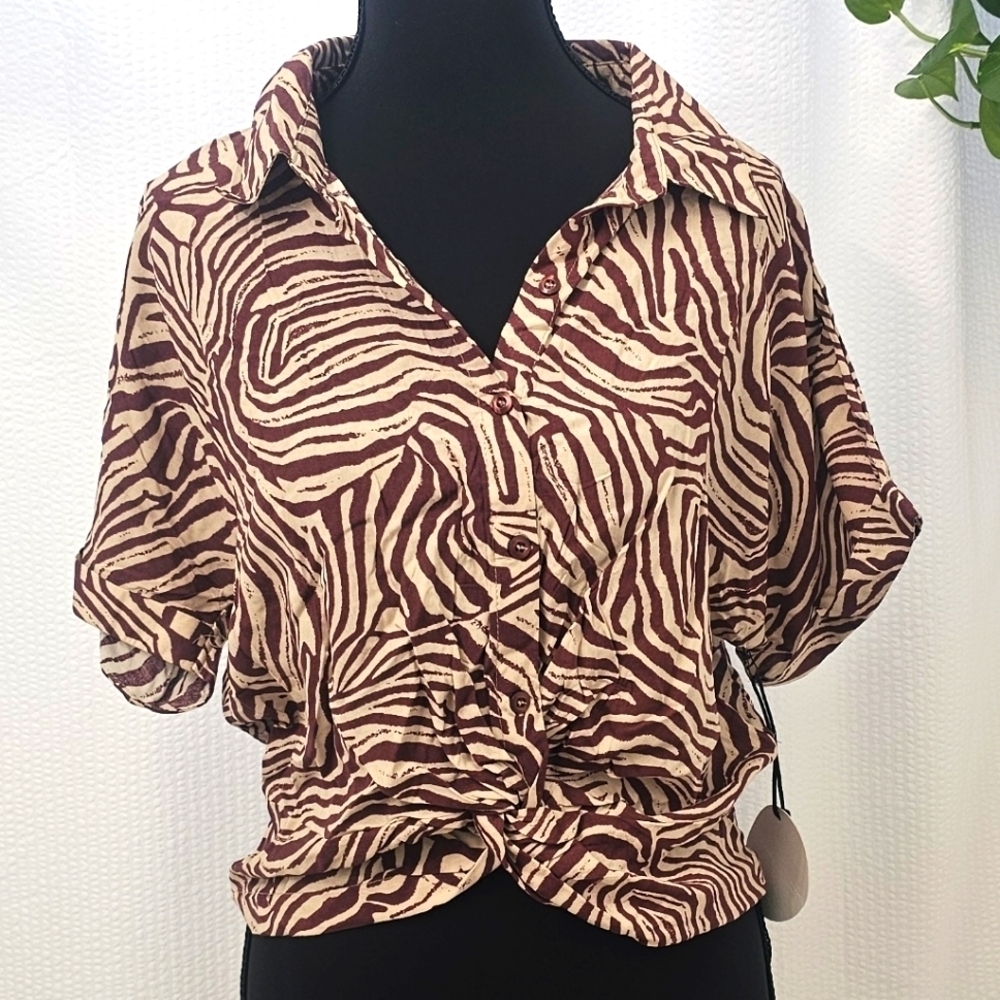 Milk & Honey Zebra Print Button-Up Top  Size XL